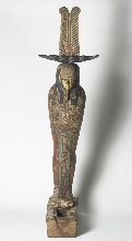 Ptah Sokar Osiris, verguld gezicht met baard, pluimen en hoorns