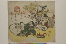 Ebisu et Daikoku assis près d'un arbre à monnaie