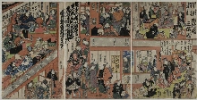 Suite sans titre avec trois vues des coulisses de théâtres de kabuki à Edo: Dans les coulisses du théâtre Ichimura