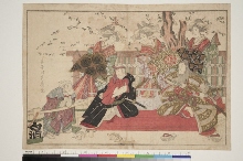 Les acteurs Matsumoto Kōshirō V dans le rôle de Ikyū, Ichikawa Danjūrō VII dans le rôle de Sukeroku, Bandō Mitsugorō III dans le rôle d'un marchand de sake blanc, Iwai Hanshirō V dans le rôle d ' Agekmaki et deux autres acteurs dans le rôle de courtisane