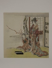 Femme et jeune fille examinant un feuillet à poème (tanzaku)