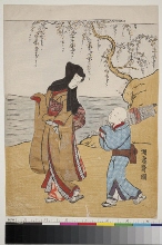 Jeune femme se promenant le long d'un cour d'eau, suivie par un garçon portant deux ombrelles