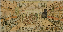 Interieur van een kabuki-theater met acteurs in een stuk over de gebroeders Soga