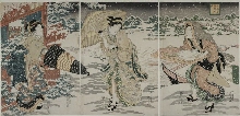 Une visite par une tempête de neige, parodie de l'empereur Xuande (Liu Bei; Gentoku) visitant Zhuge Liang (Kongming; Kōmei) 