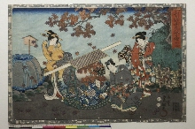Sono sugata yukari no utsushie (Apparitions de Genji illustrées): N°16 - Genji et deux dames de compagnie près d'un palanquin