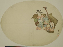 Geisha tenant un samisen en sortant d'un oeuf