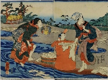 Femmes foulant du textile près de la rivière