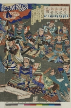 Mashiba Hisayoshi examinant les têtes de Takechi et ses vassaux (Mashiba Hisayoshi Takechi shujū no kubi jikken no zu)