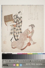 Les acteurs Iwai Hanshirō, assis avec une longue pipe, et Ichikawa Danjūrō VII, déroulant une peinture