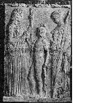 Votive relief of Eleusis : Demeter, Kore (Persephone) and Triptolemus