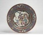 Ruby back 'seven border' soup plate: lady and children in a furnished interior