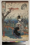 Edo Murasaki meisho Genji (Famos places in Edo with the 'Tale of Genji' by Murasaki Shikibu): Parody of Chapter 23 'Umegae' - The plum orchard at Kameido 