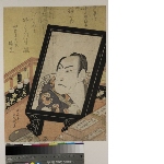 Bust portrait of actor Arashi Kitsusaburō II reflected in the mirror of his dressing table