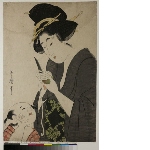Woman peeling a peach, watched by a boy