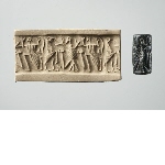 Cylinder seal with bird, figure with head of a bird and a fabulous creature
