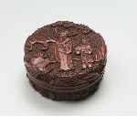 Circular box with carved lacquer (qidiao 漆雕) decoration of confucian scholar and servant on one side, peony on the other