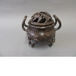 Incense burner with bamboo decoration, openwork lid, 2 handles, on stand