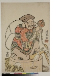 Daikoku seated on the edge of a mochi mortar with attendant rats