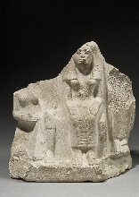 Figurine group of sitting woman, standing woman and woman playing harp with inscription