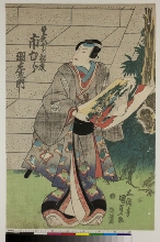 L'acteur Ichimura Uzaemon dans le rôle de Soga no Jūrō Sukenari tenant le plan du camp de Minamoto Yoritomo