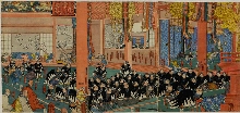 Ōboshi Yoshikane avec quarante-et-quelques rōnin au temple  Engakuji, devant l'autel de leur seigneur