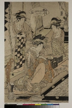 Asakusa Kannon hōshokugaku no zu (Courtisanes inscrivant un gaku qui sera offert au temple de Kannon à Asakusa): Takigawa de la maison Ōgiya