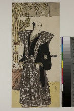 L'acteur Sakata Hangorō II en kamishimo, devant une devanture, au nouvel an