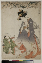 Fūryū goshiki no hana (Fleurs élégantes des Cinq nuances d'encre): Femme et garçon assis sous une branche de prunus