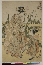 La courtisane Somenosuke de la maison Matsubaya accompagnée des deux kamuro Wakaki et Wakaba dans un jardin d'iris