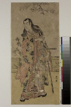 L'acteur Onoe Matsusuke I dans le rôle d'un seigneur aux cheveux longs, portant des sabres