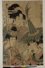 Seirō niwaka egao kurabe ni no kawari: Coréen, La courtisane Hanagoto de la maison Ebiya, la courtisane Oise de la maison Ebiya