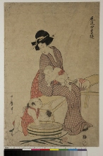 Fūryū shiki asobi: Mère assise sur un banc, avec deux garçons