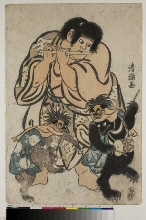 Kintarō jouant de la flute pour un ours et un singe dansant un shishimai