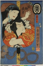 Portrait en buste d'acteurs dans les rôles de Hanaregoma Chōkichi et la  nonne Myōken, sur un éventail d'arbitre