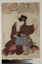 Fūryū goshiki no hana (Fleurs élégantes des Cinq nuances d'encre): Femme et garçon assis sous une branche de cerisier
