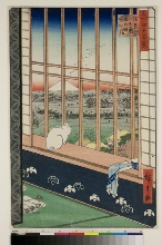 Meisho Edo hyakkei (Cent vues d'endroits célèbres d'Edo): Les rizières d'Asakusa et le pèlerinage, le jour du marché du Coq (Asakusa tanpo tori no machi mode)