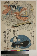 Takezawa Baishō s'adressant au public avec son fils Takezawa Tōji III comme un ange dans les nuages
