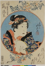 Ryūkō kagami no ōi: portrait en buste de l'acteur Arashi Rikan II dans le rôle de Mukandayū Atsumori  déguisé comme Ohagi, une jeune femme