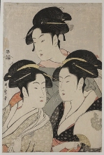 Tōji san bijin (Trois beautés d'aujourd'hui): Takashimaya Ohisa, hôtesse de maison de thé, Naniwaya Okita, hôtesse de maison de thé  et Tomimoto Toyohina, geisha et chanteuse réputée