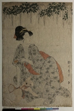 Fūryū goshiki no hana (Fleurs élégantes des Cinq nuances d'encre): Femme et petit garçon assis sous une branche de glycine