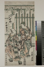 Les acteurs Ōtani Hiroji II (droite) dans le rôle de Chūemon, héros populaire de la rue Kurofunechō, et Nakamura Sukegorō dans le rôle de Shōbei, héros populaire de la rue Kaminarichō (Kurofunechō no otokodate Chūemon Ōtani Hiroji. Kaminarichō no otokodate Shōbei Nakamura Sukegorō)