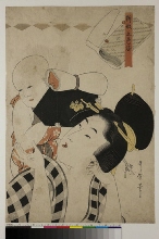 Shingata goshiki zome (Cinq nouvelles nuances d'encre): Mère et fils avec un oreiller en bois