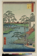 Meisho Edo hyakkei (Cent vues d'endroits célèbres d'Edo): Le temple Mokuboji et les champs de légumes près de la rivière Uchi