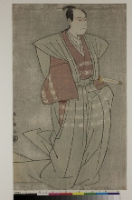 Suite sans titre à fond gris avec des rôles du Kanadehon Chūshingura, aux théâtres Miyakoza et Kiriza à Edo: L'acteur Sawamura Sōjūrō III dans le rôle d'En’ya Hangan