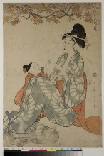 Fūryū goshiki no hana (Fleurs élégantes des Cinq nuances d'encre): Femme et fillette assises sous une branche d'érable