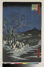Meisho Edo hyakkei (Cent vues d'endroits célèbres d'Edo): Feu des renards la veille du Nouvel An, près de l'Arbre de le transformation, à Ōji 