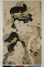 Masu kagami egao no utsushi-e: Femme et jeune fille borgne avec shamisen
