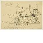 Daikoku and Fukurokuju at a party with a ccourtesan playing the shamisen