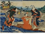 Women fulling cloth by a riverbank