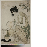Edo no hana musume jōruri (Flowers of Edo: Jōruri ballads by young women): Woman peeling fruit under a sprig of carnation